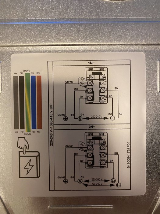 Kopplingsschema för Siemens induktionshäll som visar 1N~ och 2N~ elanslutningar med färgkodade kablar och elektriska symboler.