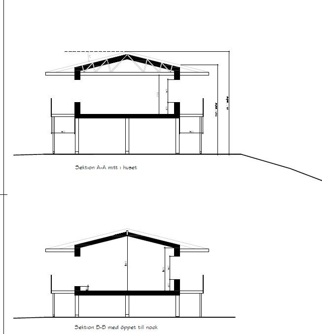 Arkitektoniska ritningar av sektioner A-A och B-D för ett planerat 75kvm fritidshus.