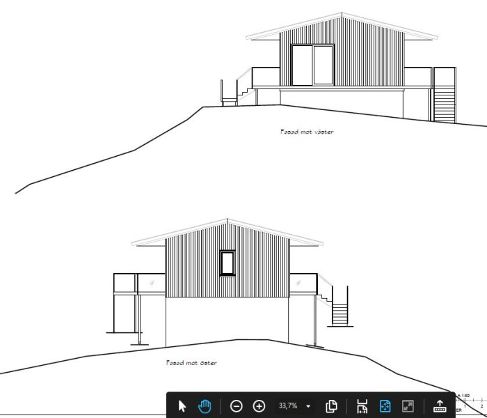 Arkitektritningar av ett fritidshus på berg med fasader mot väster och öster.