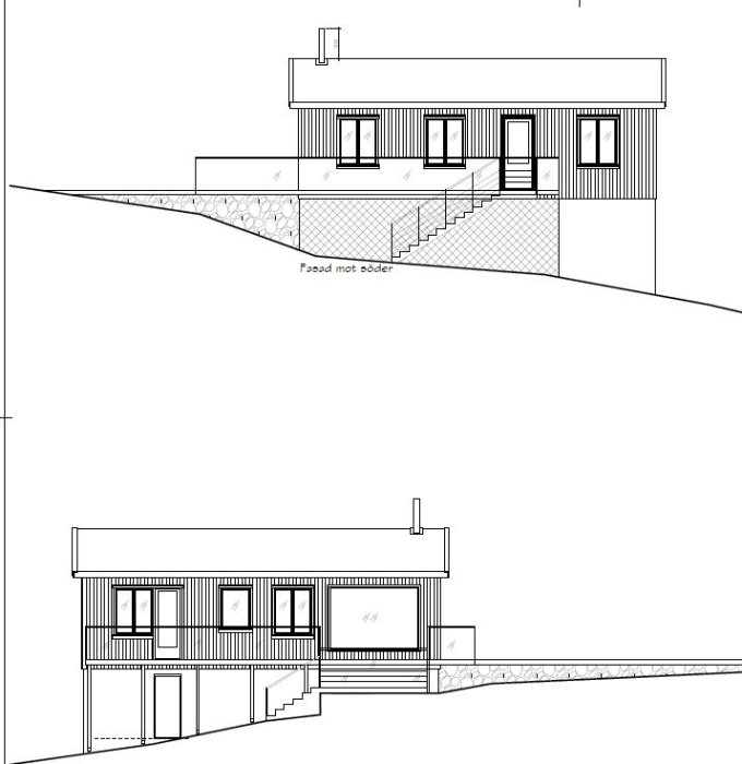 Arkitektritningar av ett kommande fritidshus som byggs direkt på berg.