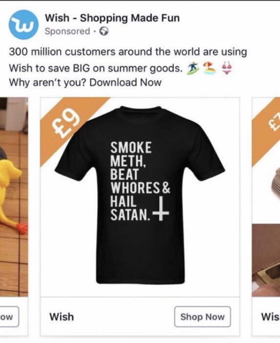 Skärmdump av en annons från Wish som visar en svart T-shirt med kontroversiell text tryckt på framsidan.