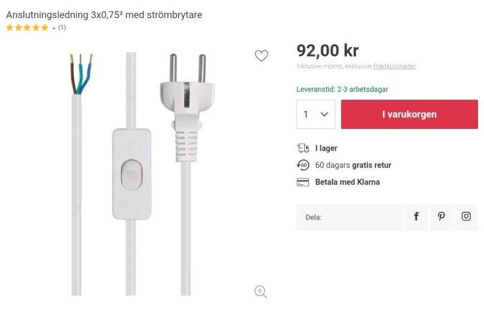 Vit anslutningsledning med strömbrytare och oskalade trådändar samt EU-kontakt.