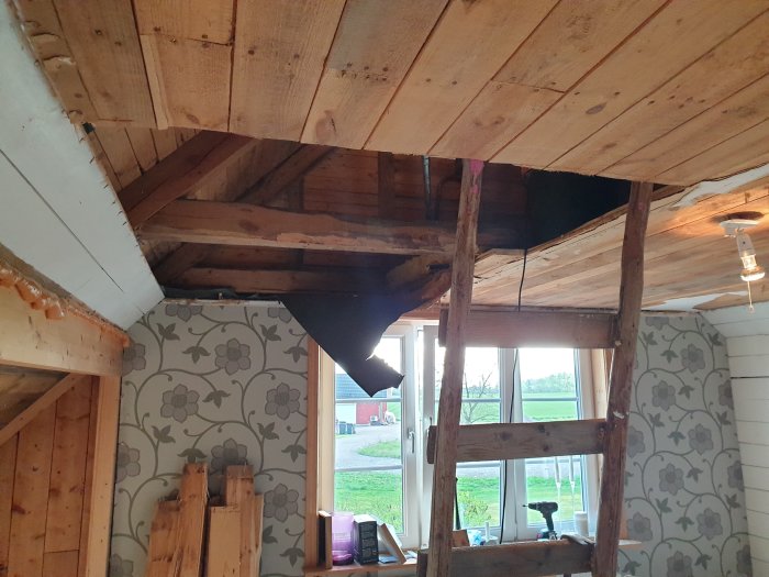 Påbörjat renoveringsprojekt av en takkonstruktion med synliga träbjälkar och en stegstege som står i rummet.