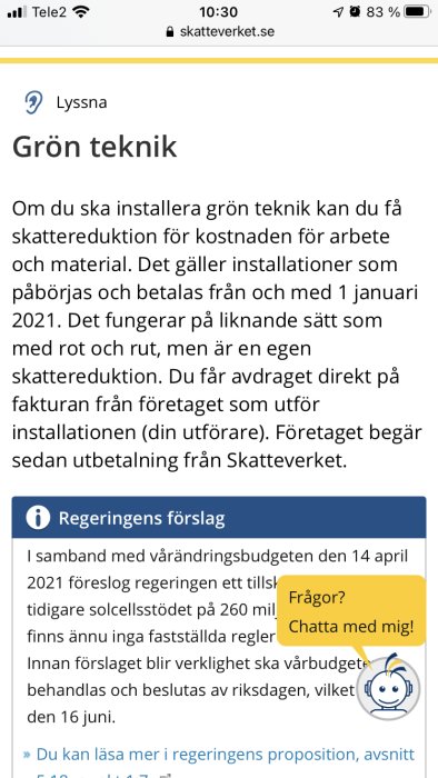 Skärmbild från Skatteverkets webbplats om gröna teknik skattereduktioner och regeringsförslag.