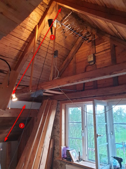 Inredning av vind med träsparrar, isoleringsmaterial och elektriska installationer synliga, samt fönster med utsikt.