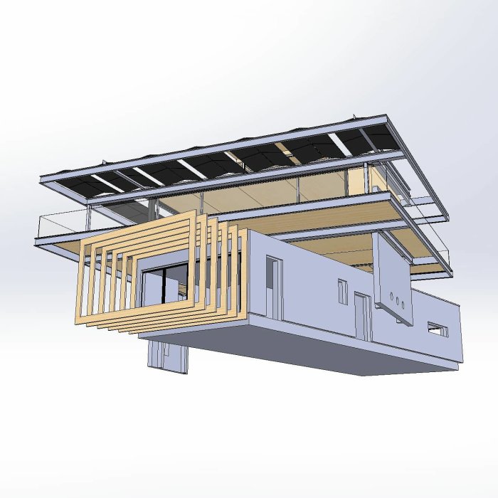 3D-rendering av ett modernt, egenritat hus med unika arkitektoniska drag.