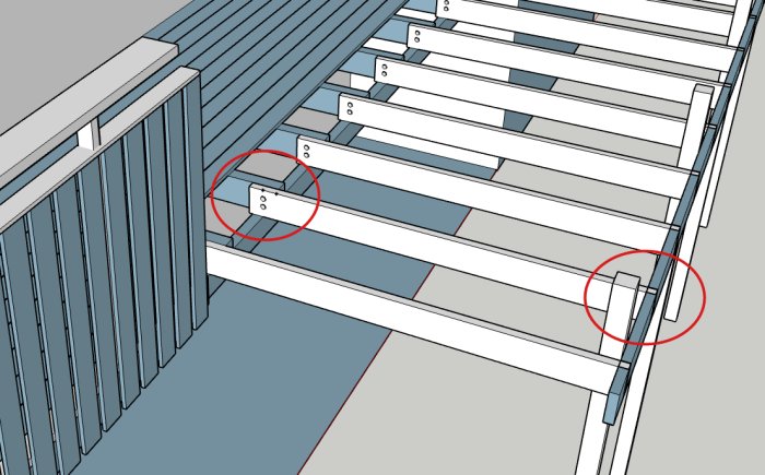 Skiss av balkongkonstruktion med markerade reglar och bärlina, samt synlig skarvning med genomgående bult.
