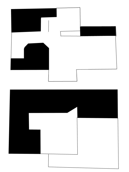 Översiktlig planritning över ett hus markerar öppna delar med mörka områden för att visualisera rumslighet.