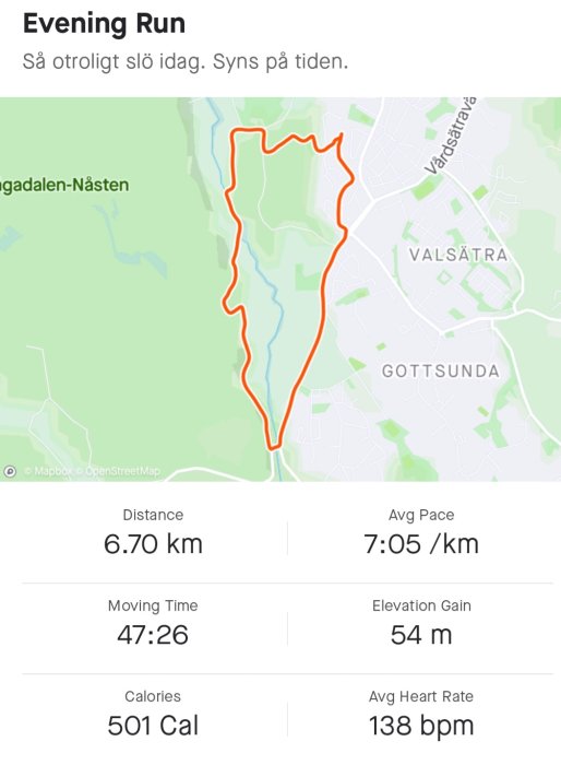 Karta över löprunda med röd sträckad linje, distans 6.70 km och löptid 47:26, totala höjdmeter 54 m.