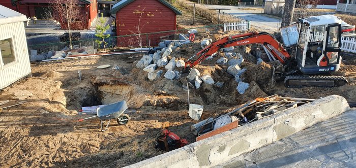 Uppgrävd trädgård med minigrävare och stora stenblock för att anlägga en damm utan fisk.