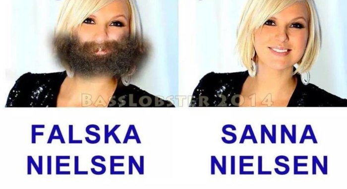 Humoristisk jämförelse mellan två bilder, en med skägg och texten "FALSKA NIELSEN", andra utan skägg "SANNA NIELSEN".