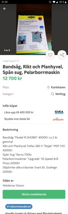 En skärmdump av en annons för en Rikt- och planhyvel MSP 310 på ett onlineforum.