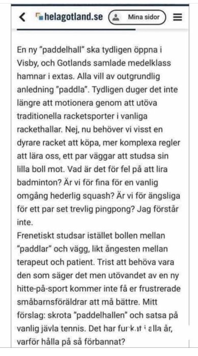 Skärmbild av en insändare om invånarens ogillande mot nya padelhallar i Visby.
