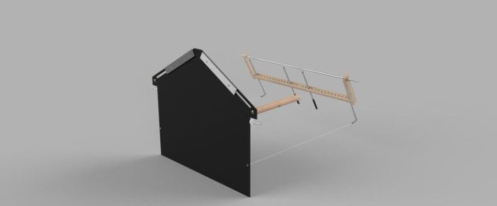 3D-modell av ett hus för robotklippare med öppen portkonstruktion.