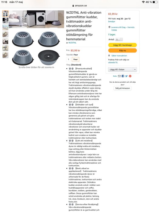 Skärmdump från en webbutik som visar anti-vibrationsgummifötter för tvättmaskiner, information och priset på 83,99 kr.