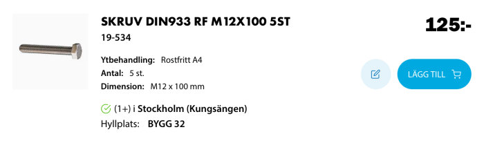 Hexagonhuvudskruv M12x100 mm rostfritt A4 med pris och "lägg till" knapp, använd för att justera upphöjda ramar.