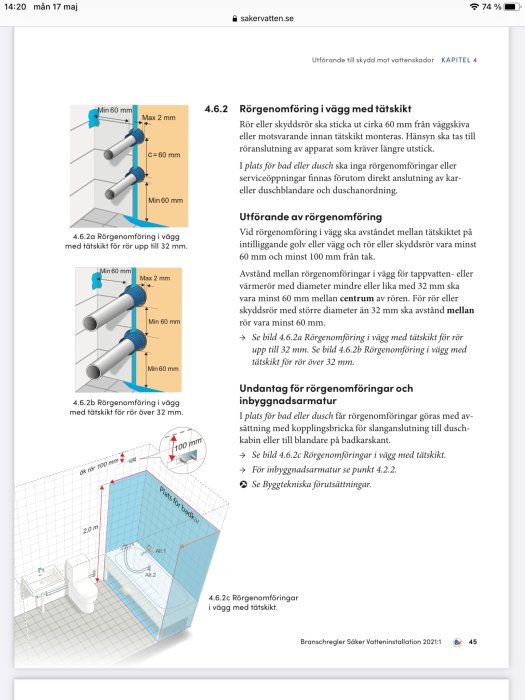 Schematisk illustration av rörgenomföringar i vägg med tätskikt enligt byggnormer, visar mått och utformning.