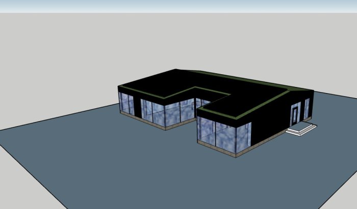 3D-modell av ett hus med svarta solcellspaneler på taket och stora fönsterpartier.