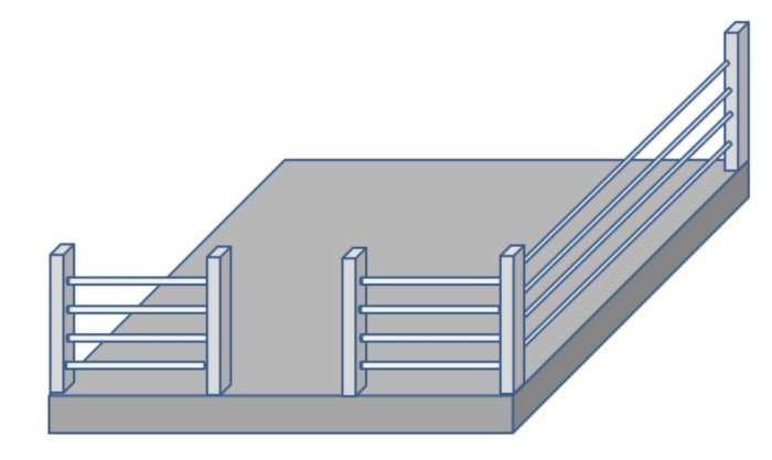 Illustration av en flytbrygga med räcken av galvaniserade rör.