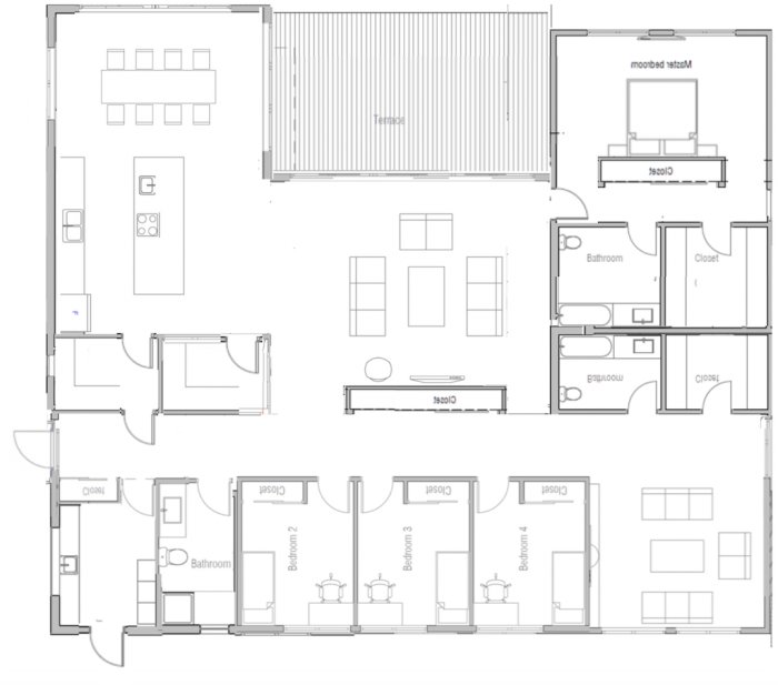 Skiss av planlösning för hus med angivet vinrum nära kök, sovrum och terrass.