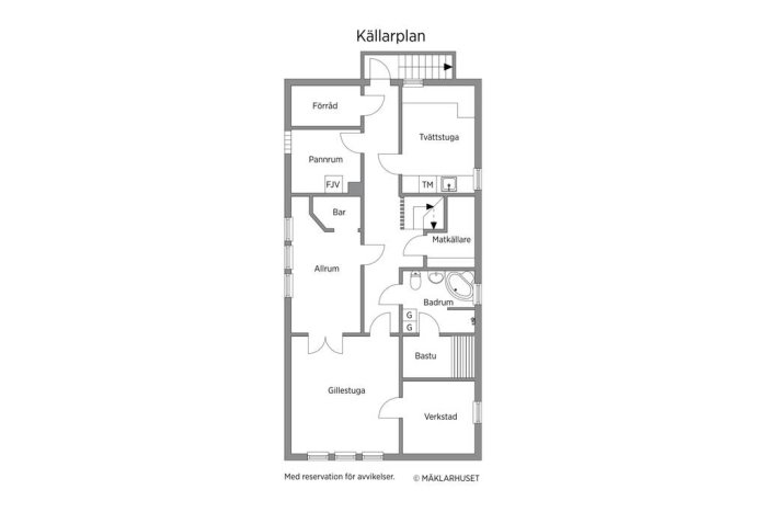 Arkitektonisk ritning av ett källarplans nya planlösning inklusive tvättstuga, bastu, allrum och verkstad.