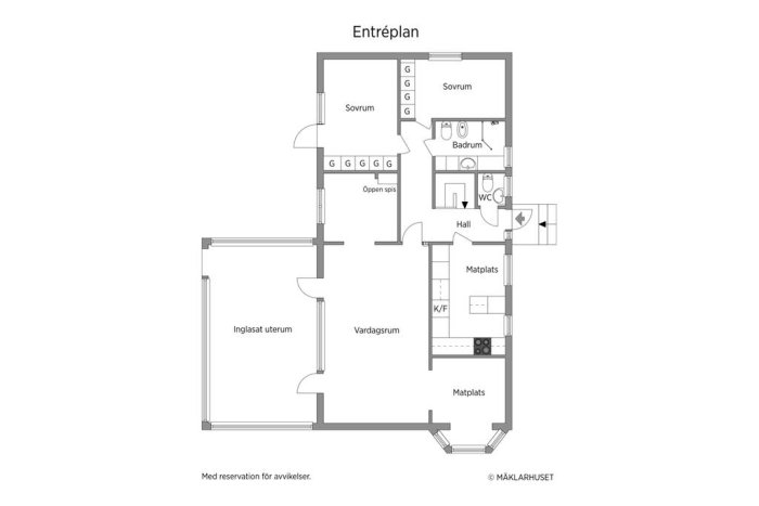 Arkitektonisk ritning av entréplansplanlösning med sovrum, badrum, WC och vardagsrum.