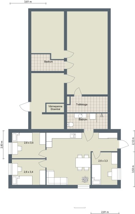 Ritning av ett hus med möbler angivande placering av vardagsrum, kök, badrum och sovrum i källarplan.
