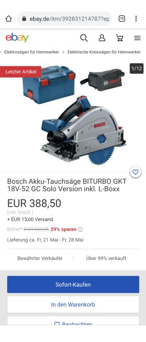 Skärmbild från eBay visar en Bosch Akku-Tauchsäge BITURBO GKT 18V-52 GC såg, prissatt till €388,50 med L-Boxx.