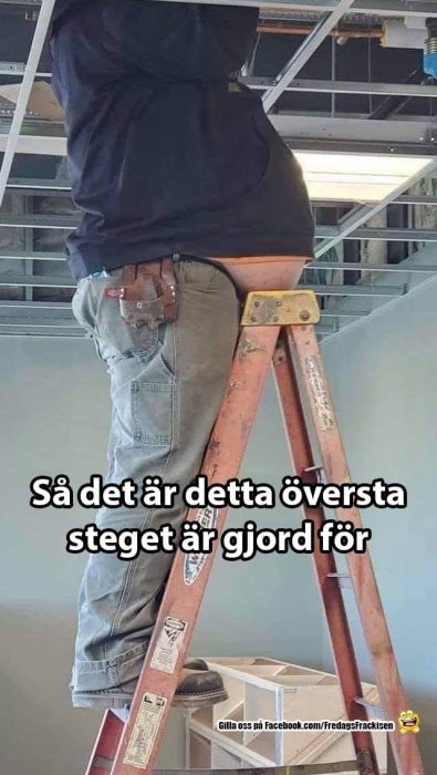 Person står på det översta steget av en stege med en humoristisk text om användningen.