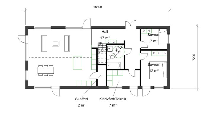 Arkitektonisk planlösning av ett hus med markerade rum som hall, sovrum och skafferi.