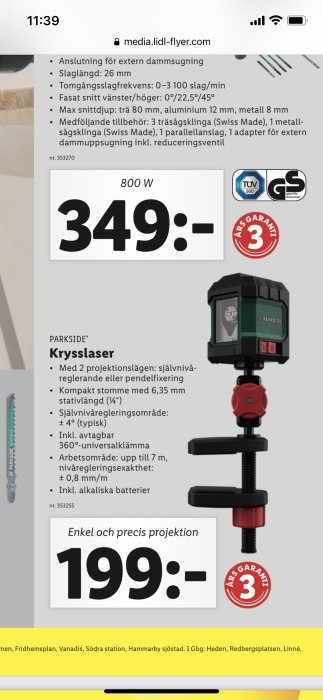 Parkside krysslaserverktyg med självnivåreglerande funktion och montering på en universalklämma, prissatt till 199 kronor.