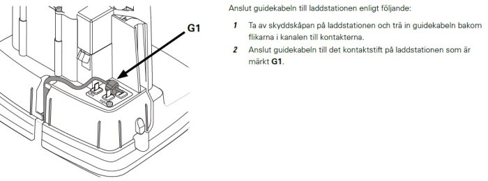 Illustration av hur man ansluter en guidekabel till en robotgräsklippares laddstation, markerad G1.