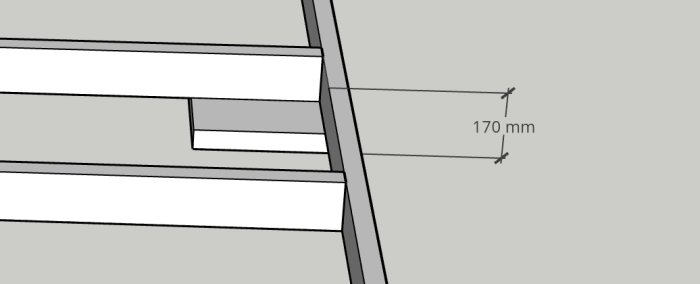 Ritning av en altankonstruktion med mått på reglar och utrymme för altandörr.