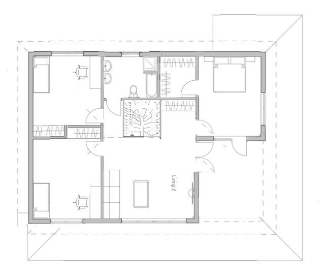 Översiktlig ritning av en planlösning för ett hus utan sneda hörn, inkluderar möblering och rumsindelning.