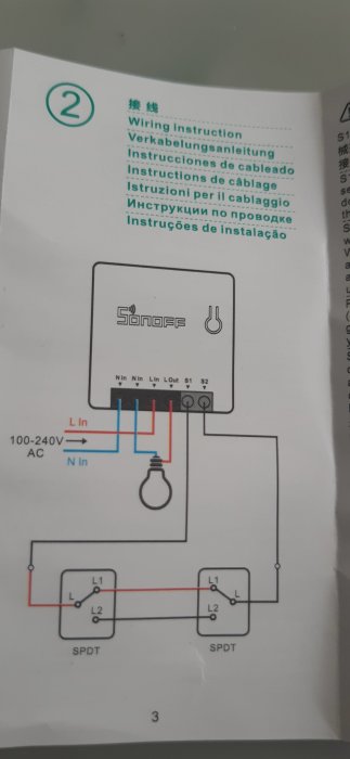 Kopplingsschema för Sonoff Mini för att styra belysning via app, visas med kablar och anslutningspunkter.