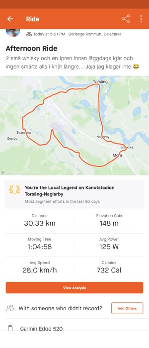 Skärmavbild av cykeltur, karta och statistik – distans 30,33 km, tid 1:04:58, medelhastighet 28 km/h.