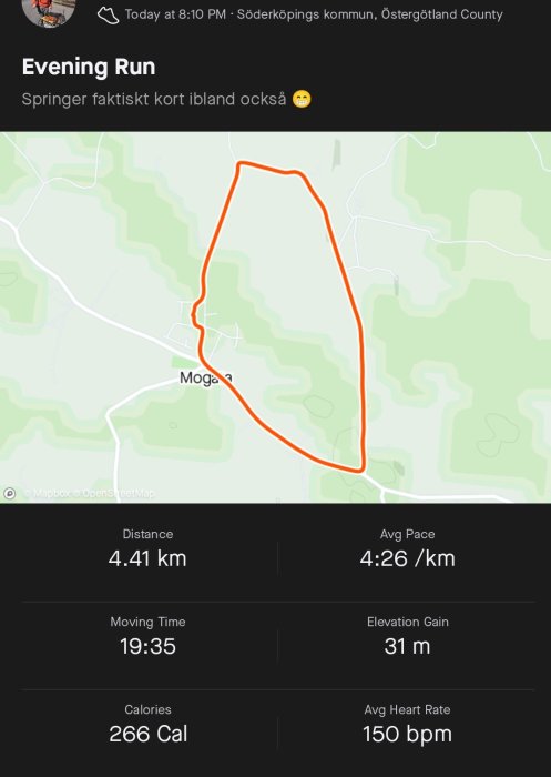 Skärmdump av träningsapp visar kartöversikt över en löprunda på 4.41 km med statistik för tempo, tid och kaloriförbrukning.