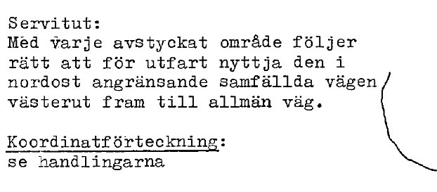 Textutdrag om servitut för rätt att använda samfälld väg från avstyckat område, med markerad p-ficka.