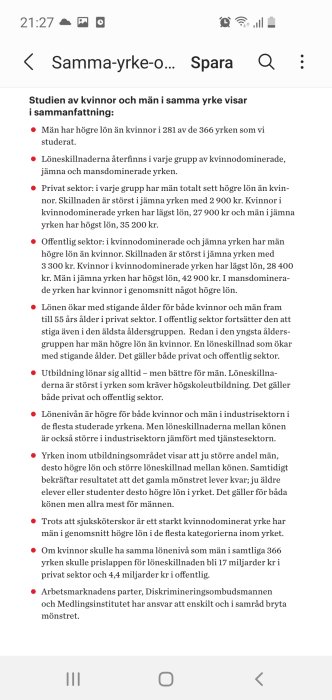 Skärmdump av en artikel som sammanfattar en studie om löneskillnader mellan könen i olika yrken.