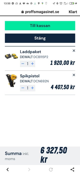 Skärmdump av webbsida med kundkorg innehållande DeWalt spikpistol och laddpaket, totalpris 6 327,50 kr.