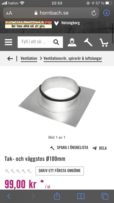 Metallisk tak- och väggstos, 100mm, för ventilationssystem, visas på en onlinebutiksida.