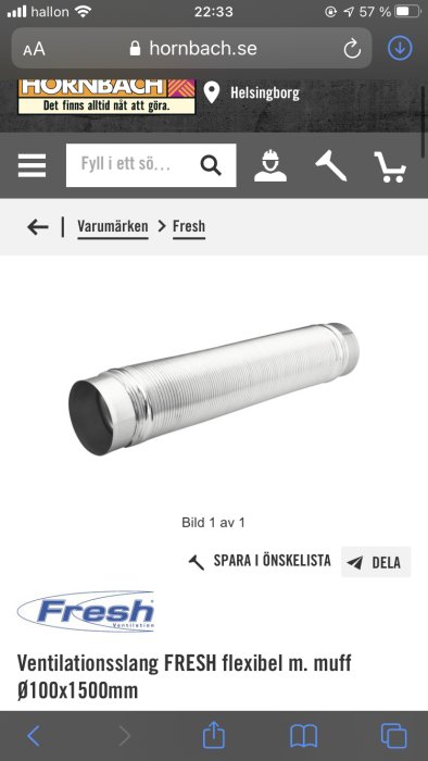Ventilationsslang Fresh flexibel med muff, 100x1500 mm, användbar för att förlänga självdragsventilation.