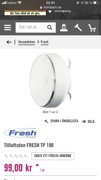 Vit tilluftsventil FRESH TP 100 på en e-handelssida med prisinformation, för ventilationssystem.