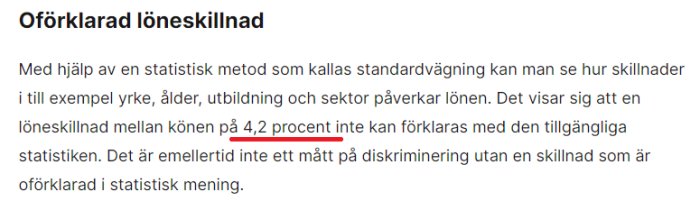 Text om oförklarad löneskillnad på 4,2 procent mellan könen enligt statistisk metod.