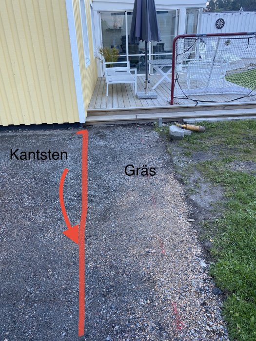 Uppfart nära hus med gräs kant, markerat förslag på placering av trädgårdskantsten.