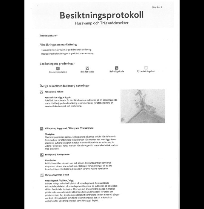 Svartvit bild av en sida ur ett besiktningsprotokoll med anteckningar om rekommendationer och riskelement i ett hus, inklusive en liten bild av skada.