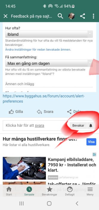 Skärmdump från mobil visar användargränssnittet för ett forum med knappen "Bevakar" framhävd.