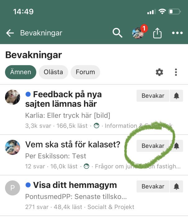 Skärmbild av en forumtråd om bevakningar med markerad Bevakar-knapp.