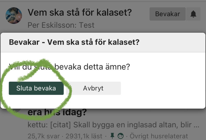 Skärmbild av forumtråd med pop-up för att välja 'Sluta bevaka' ämnet.