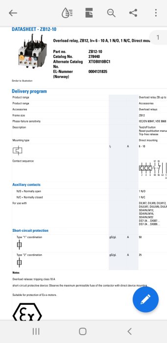 Datasheet för överlastrelä ZB12-10 med tekniska specifikationer och scheman.